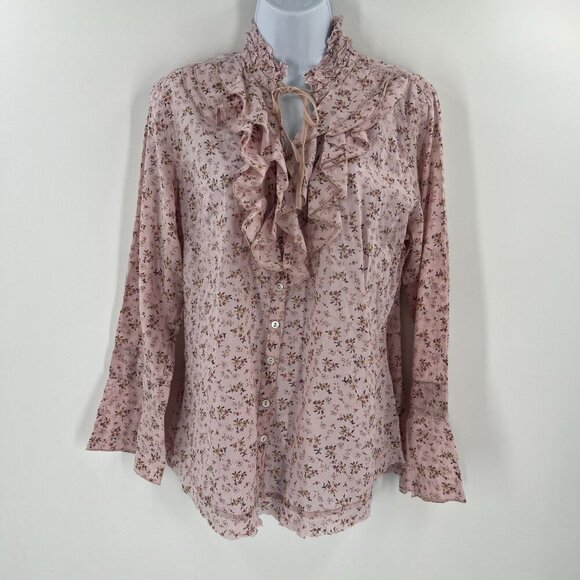 Cino XL Pink Floral Ruffle Blouse Button Down Tie Neck Smocked Peasant - Picture 7 of 8